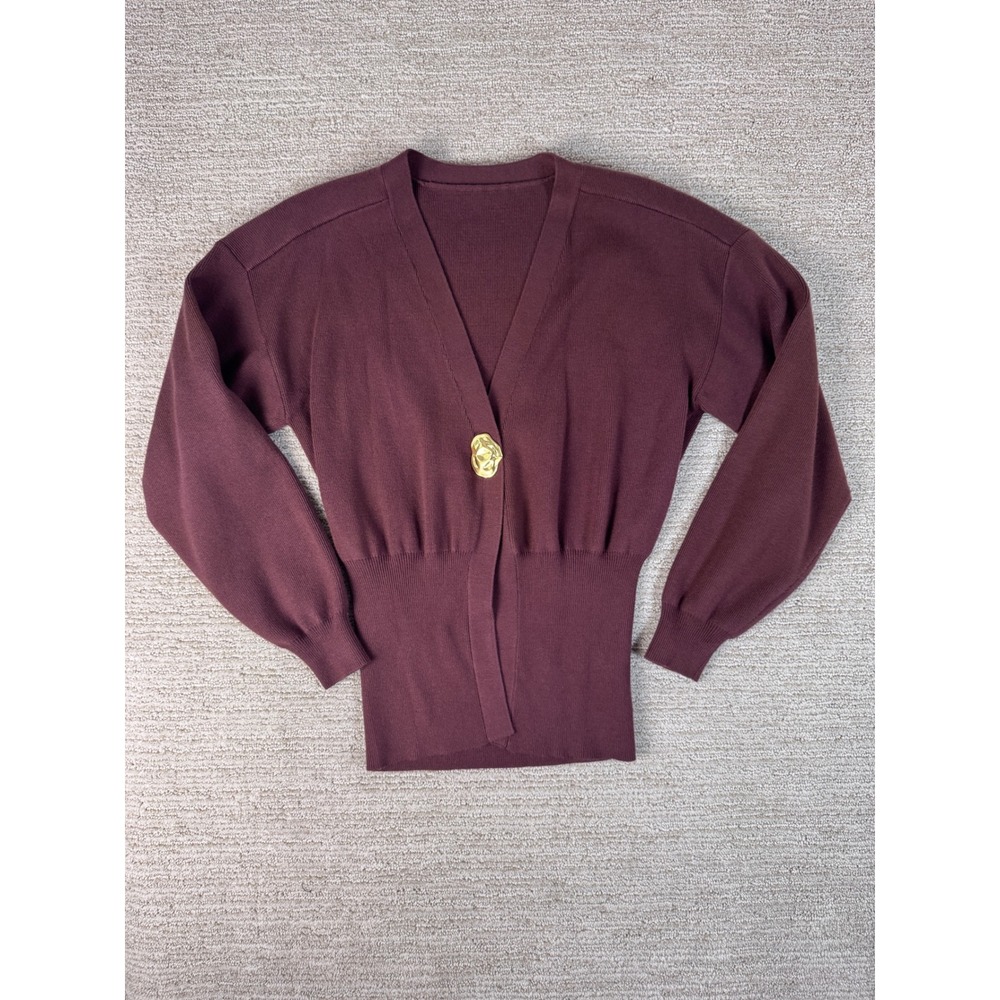 Commense Womens Burgundy V-Neck Cardigan Gold Button Ribbed Waist Sweater Small